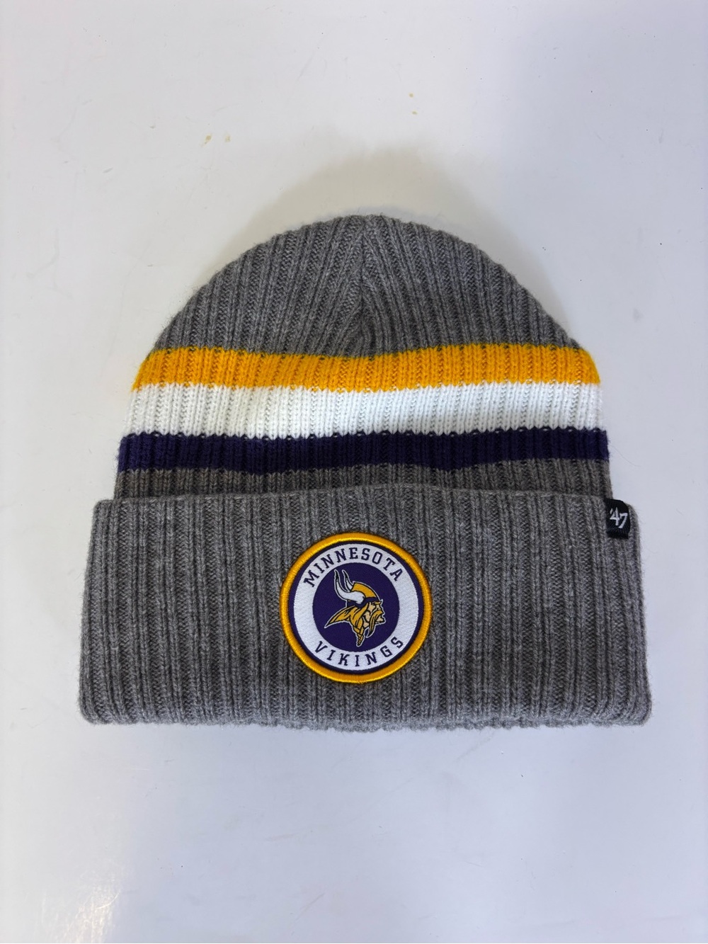 47 Minnesota Vikings Football Gray Knit Cuffed Beanie with Stripe Accents Unisex